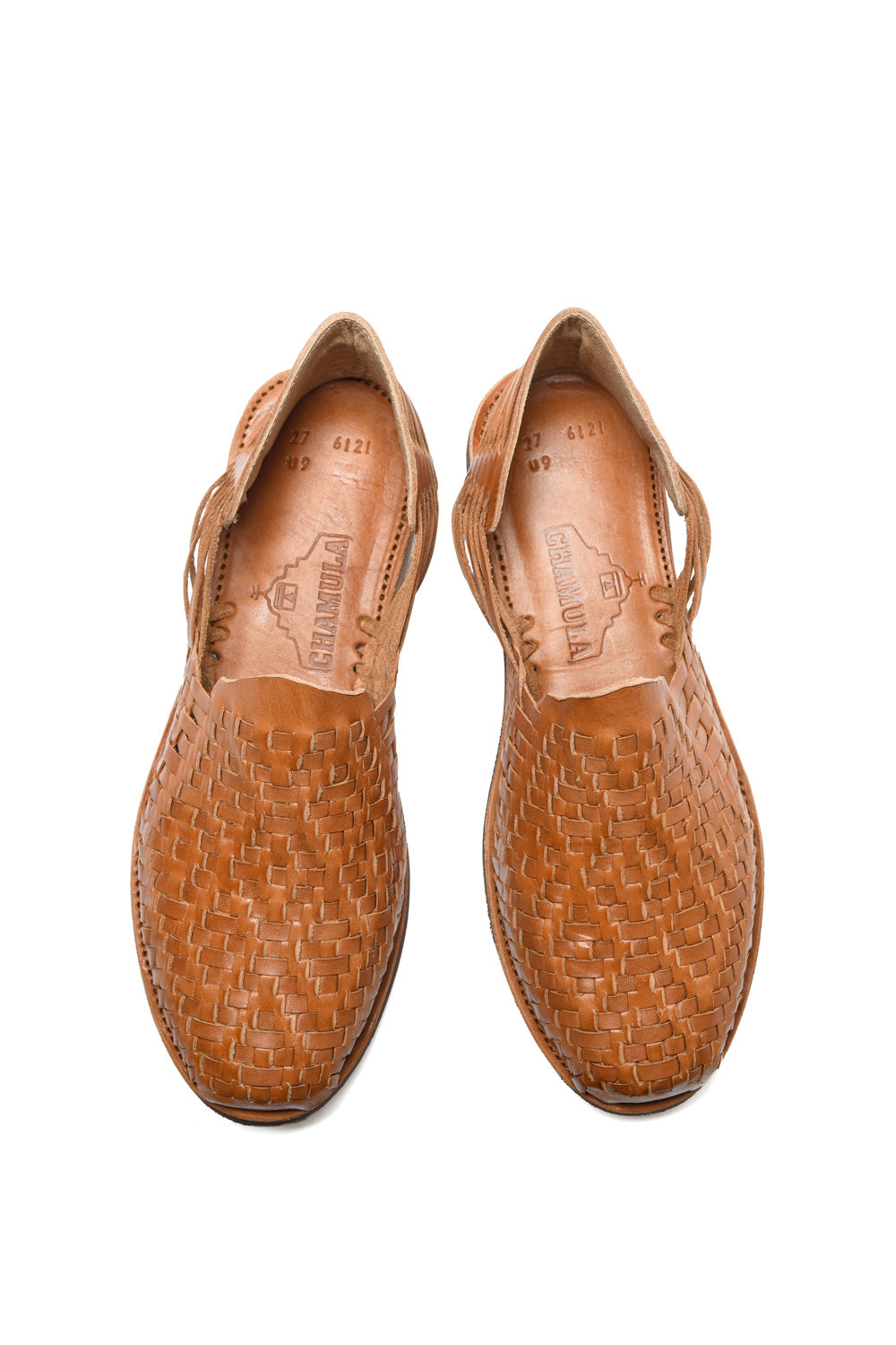 Top-down view of traditional woven leather huarache sandal made in Mexico