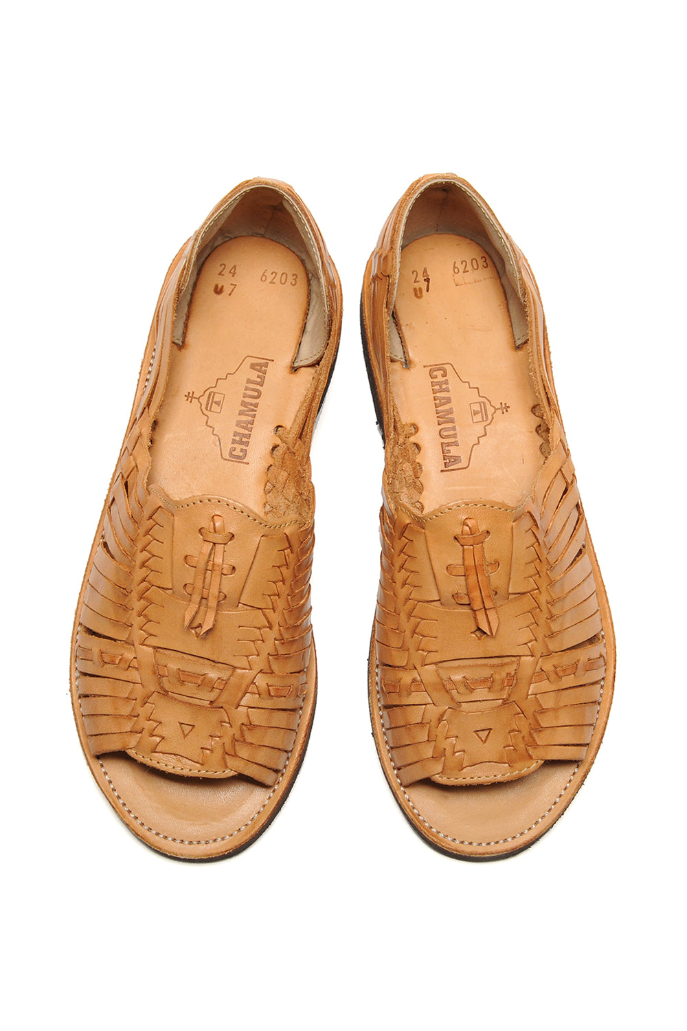 Top view of traditional Chamula huarache sandal handcrafted in Mexico for women
