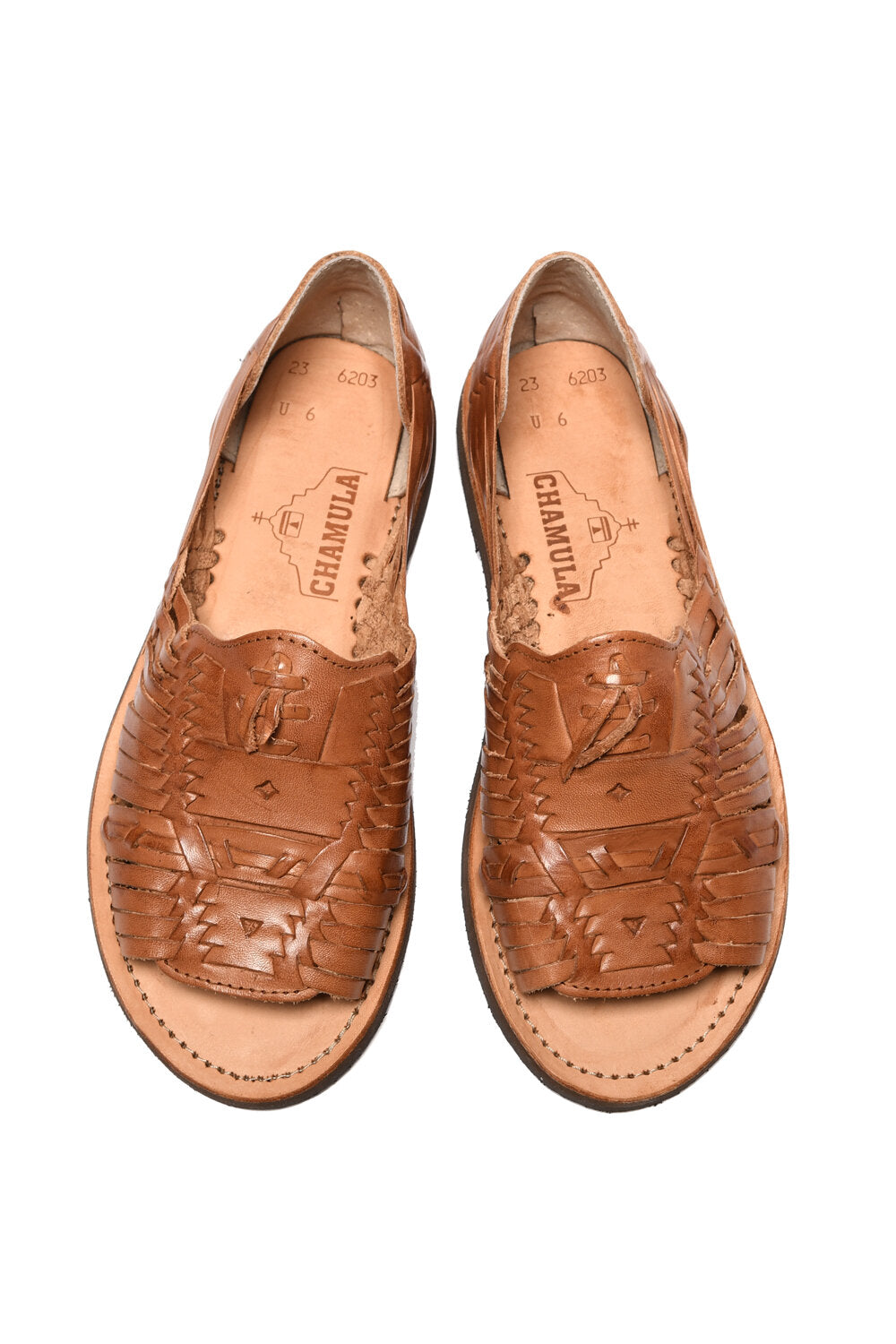 Top-down view of traditional woven leather sandal for women made in Mexico