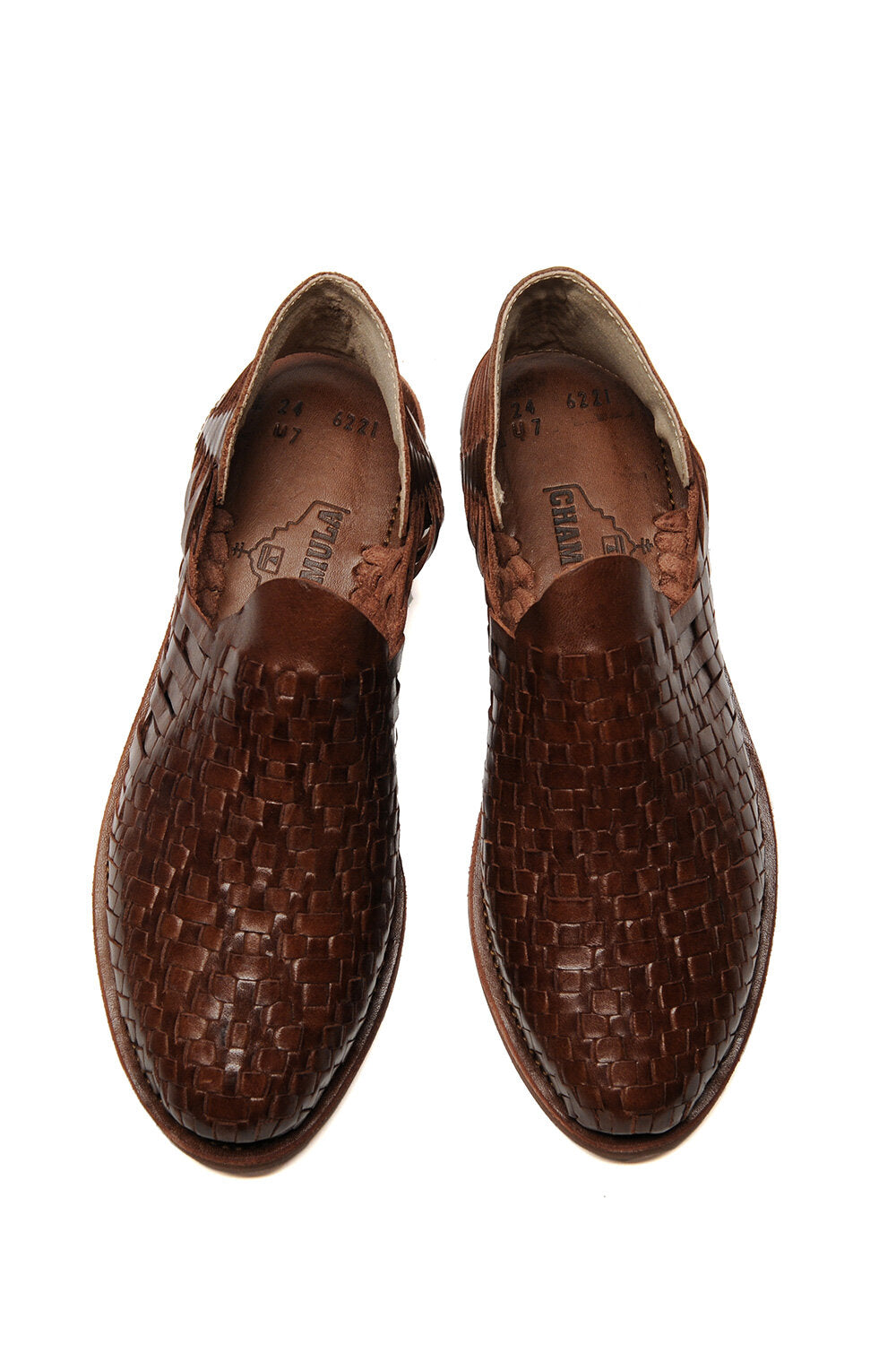 Top-down view of traditional woven leather huarache sandal made in Mexico