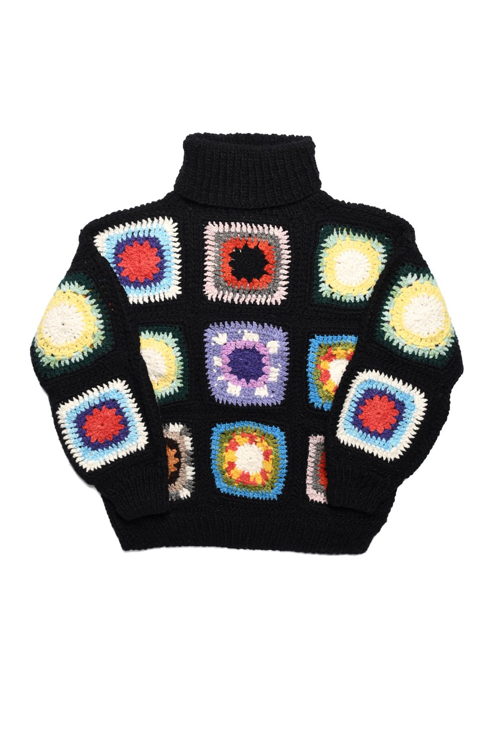 Granny Square Turtleneck Pullover - Black