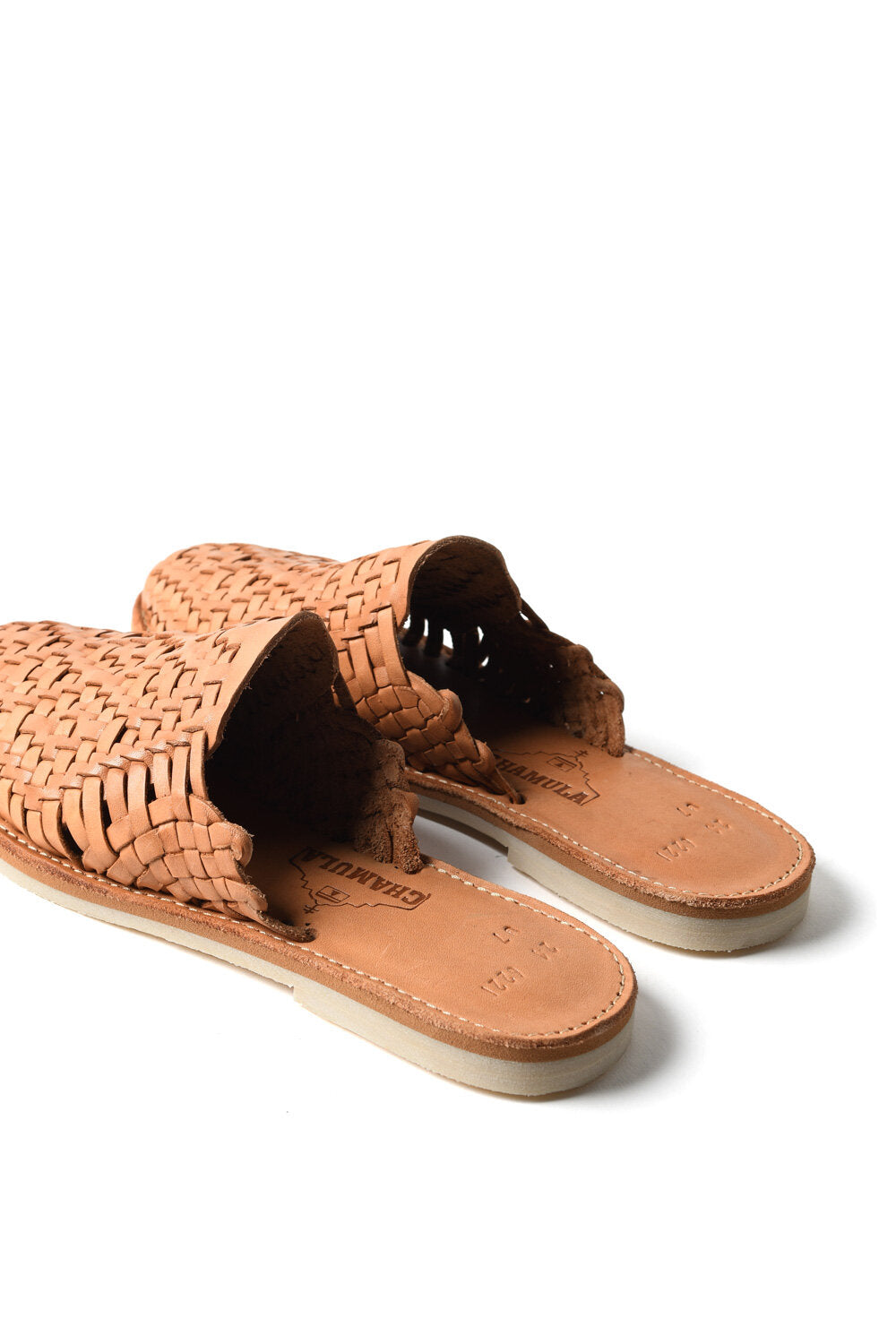 Rear view of Chamula’s huarache showing heel stitching and slip-on shape