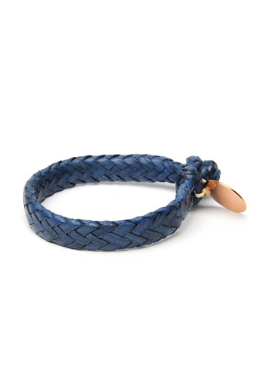 Wide Flat Weaved Leather Bracelet  - Blue 1
