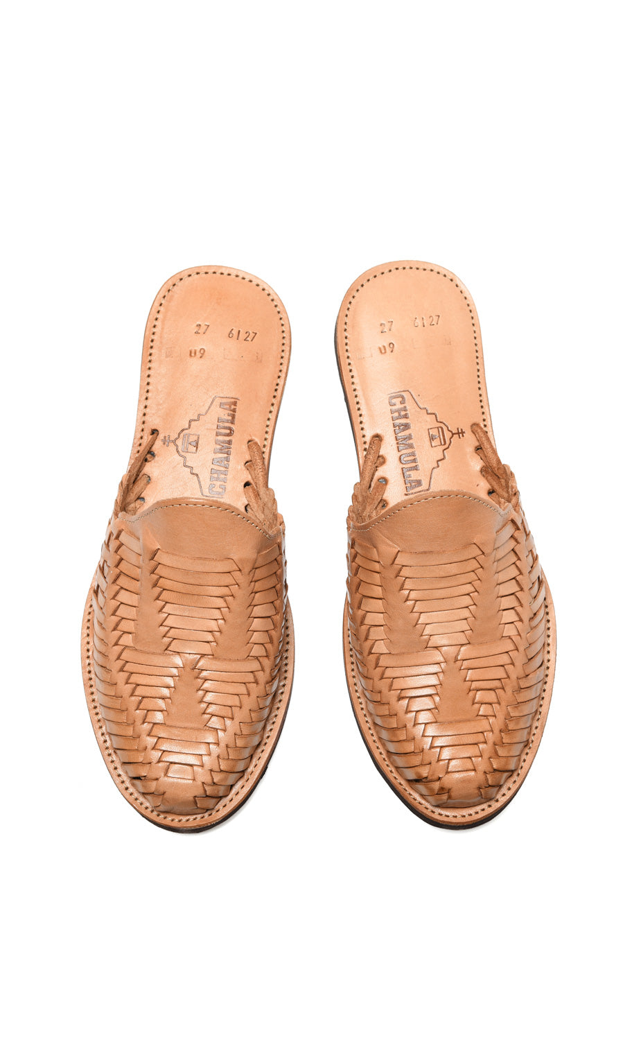 Top-down view of traditional woven leather huarache sandal made in Mexico