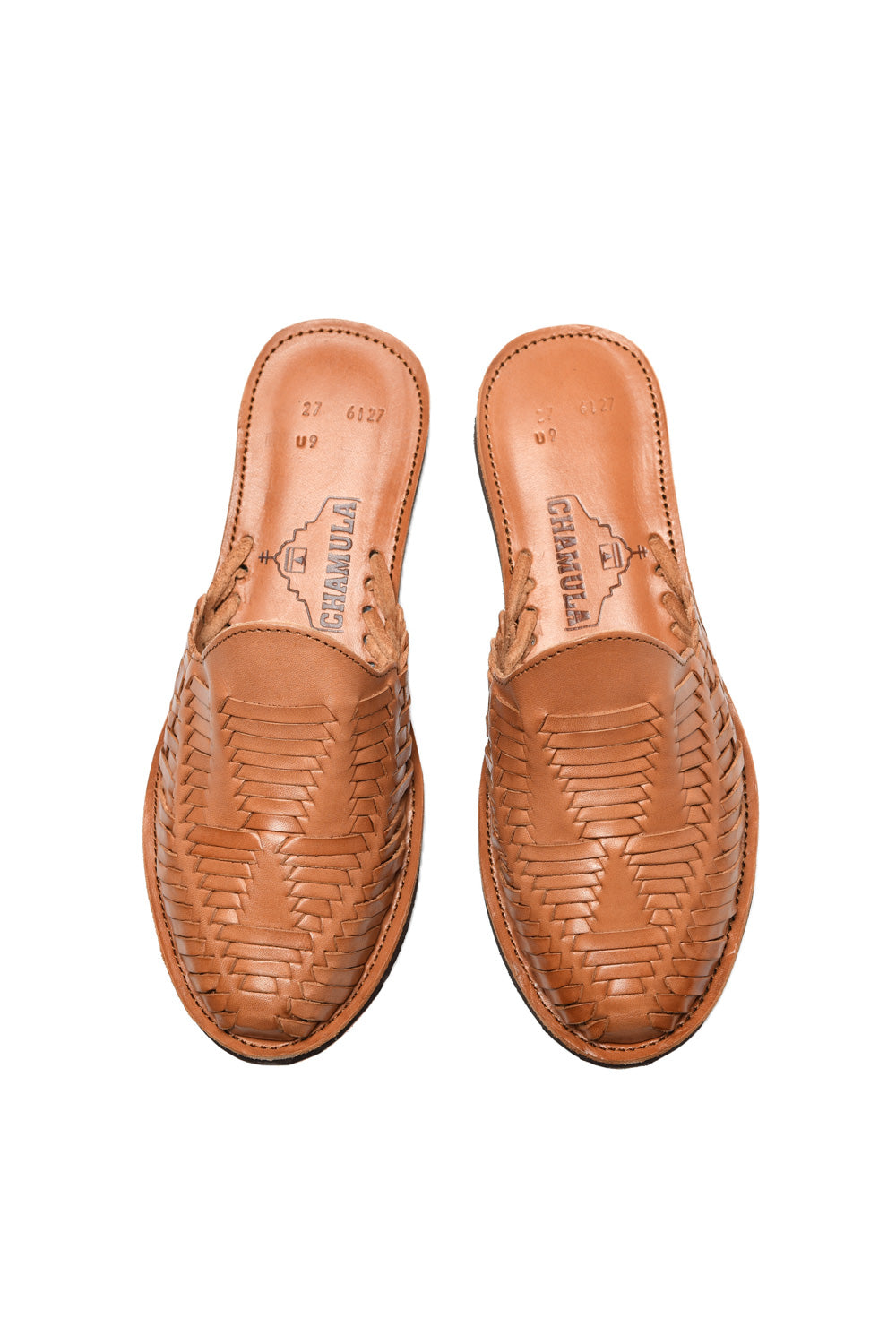 Top-down view of traditional woven leather huarache sandal made in Mexico