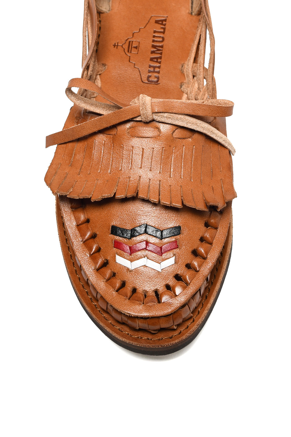 Close-up of handwoven leather detailing on Mexican huarache sandal