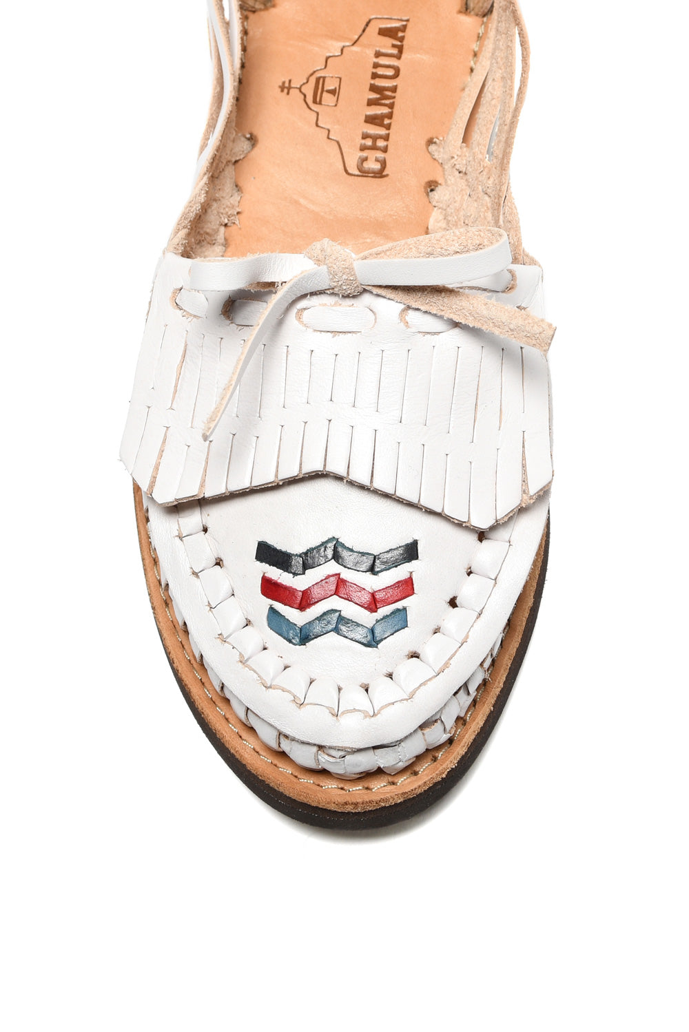 Close-up of handwoven leather detailing on Mexican huarache sandal