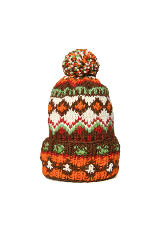 Double Cuff Cap Fair Isle #3 -Brown Heather