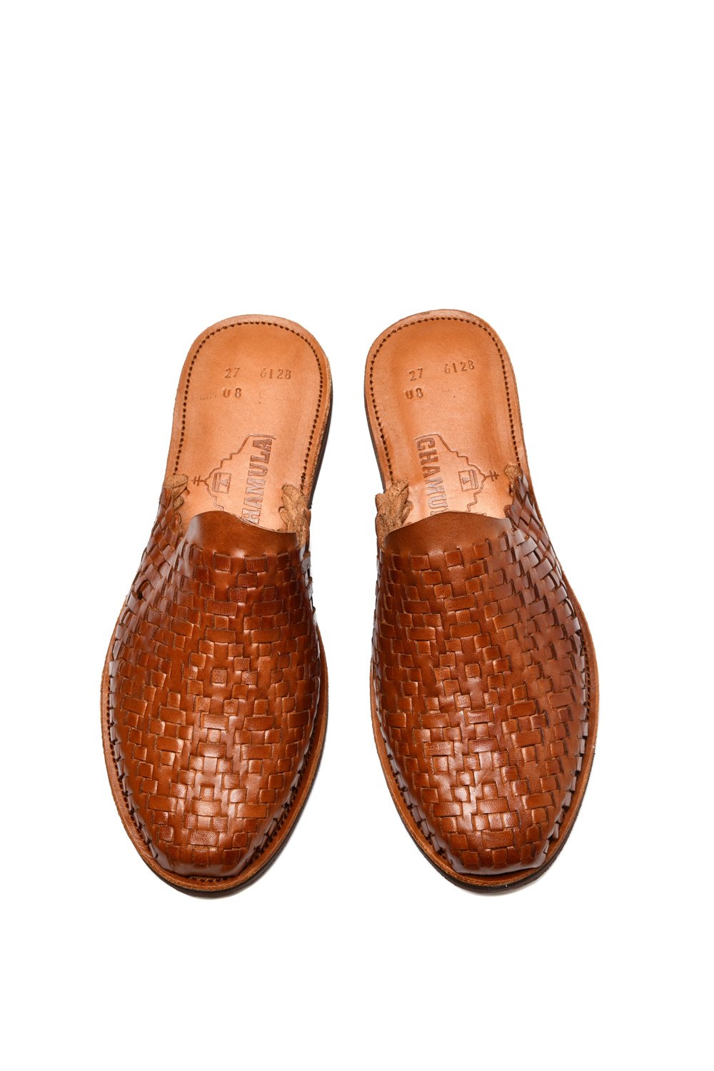 Top-down view of traditional woven leather huarache sandal made in Mexico

