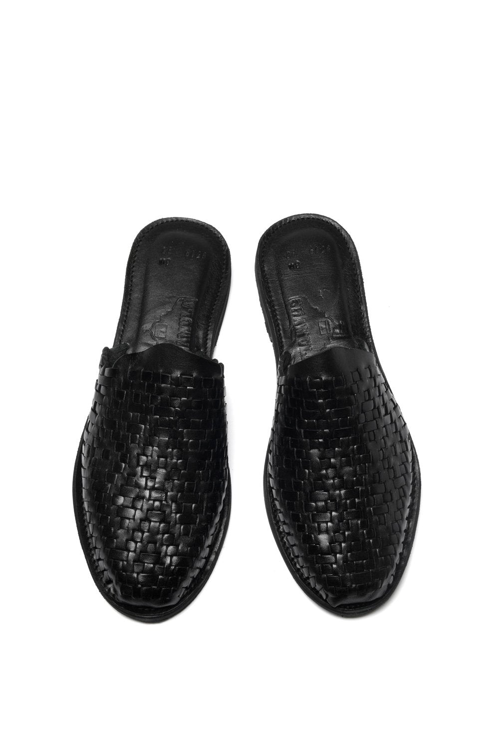 Top-down view of traditional woven leather huarache sandal made in Mexico