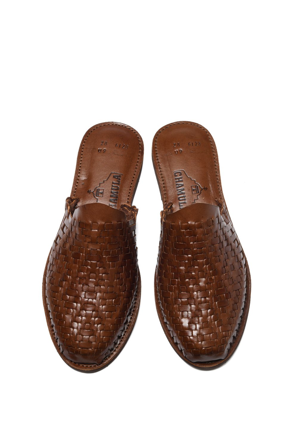 Top-down view of traditional woven leather huarache sandal made in Mexico