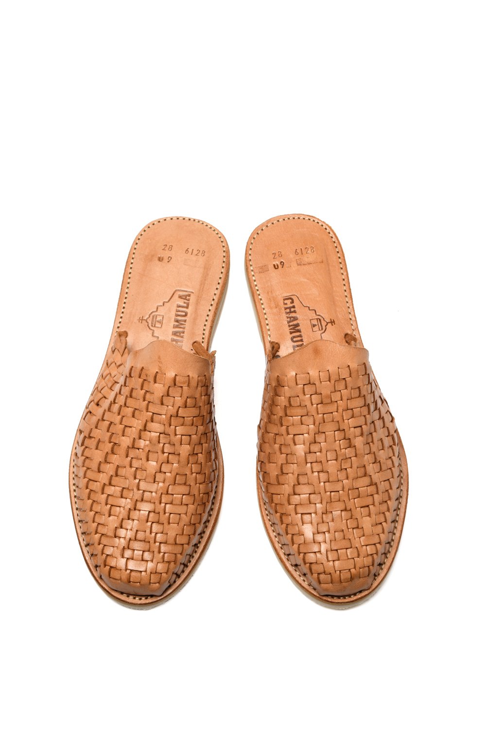 Top-down view of traditional woven leather huarache sandal made in Mexico