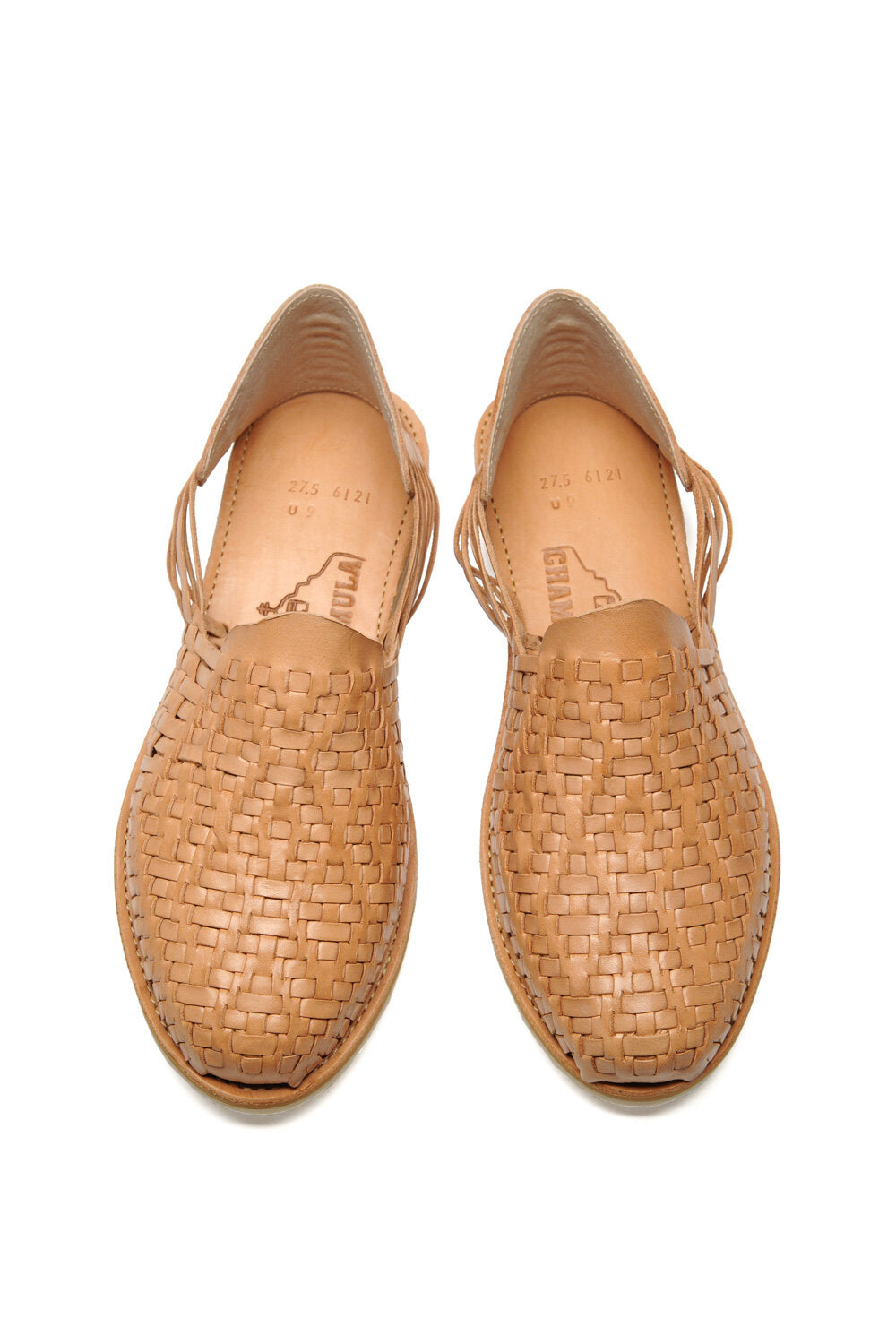 Top-down view of traditional woven leather huarache sandal made in Mexico