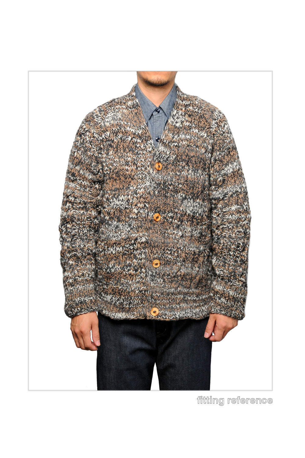Mix Fisherman V Neck Cardigan - Dk Beige Mix