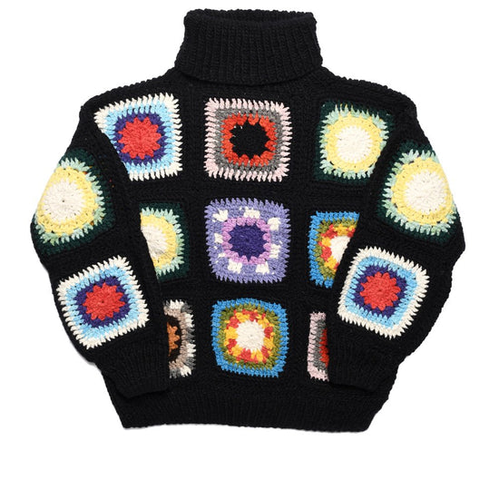 Granny Square Turtleneck Pullover - Black