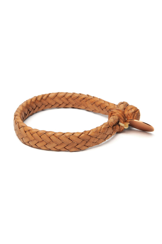 Wide Flat Weaved Leather Bracelet  - Tan 1